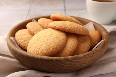 Delicious Danish butter cookies on white tiled table, closeup