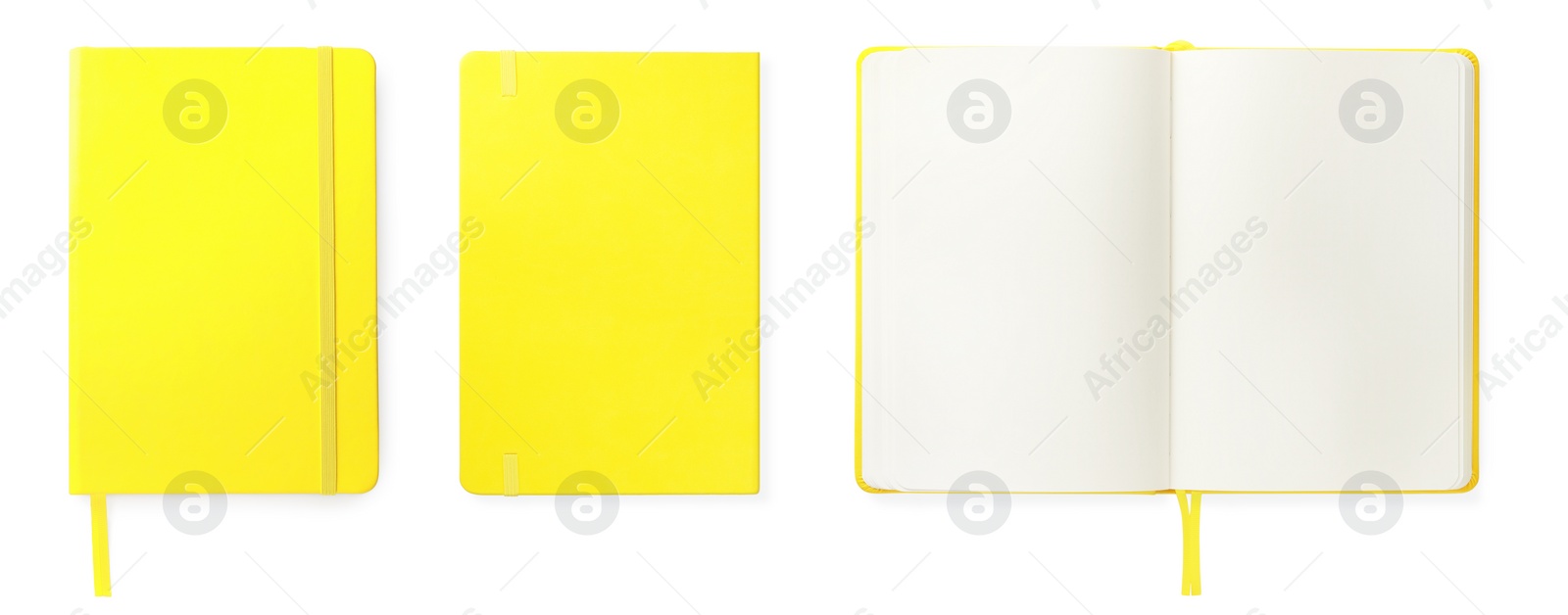 Image of Set with bright yellow notebooks on white background, top view. Banner design