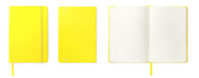 Image of Set with bright yellow notebooks on white background, top view. Banner design