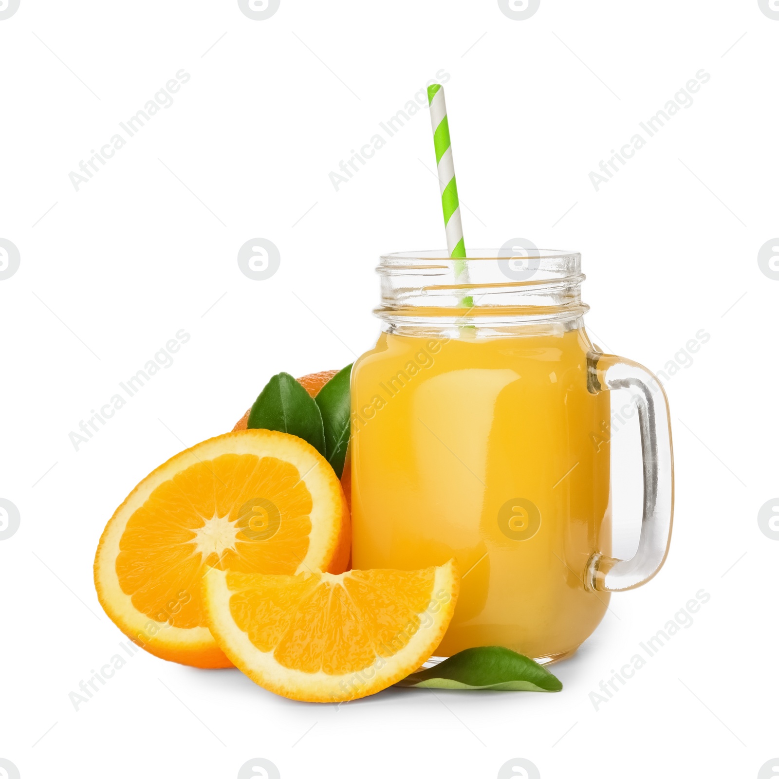 Photo of Mason jar with orange juice and fresh fruit on white background