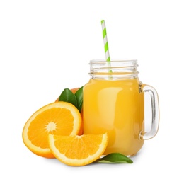 Photo of Mason jar with orange juice and fresh fruit on white background