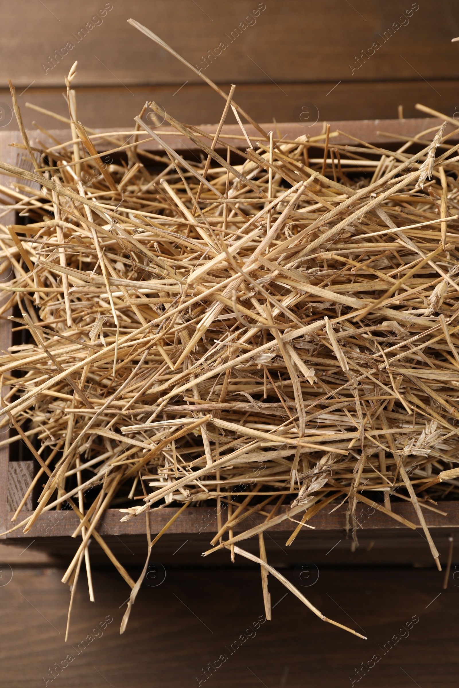 Photo of Dried straw in crate on wooden table, top view