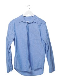 Photo of Crumpled light blue shirt on hanger against white background