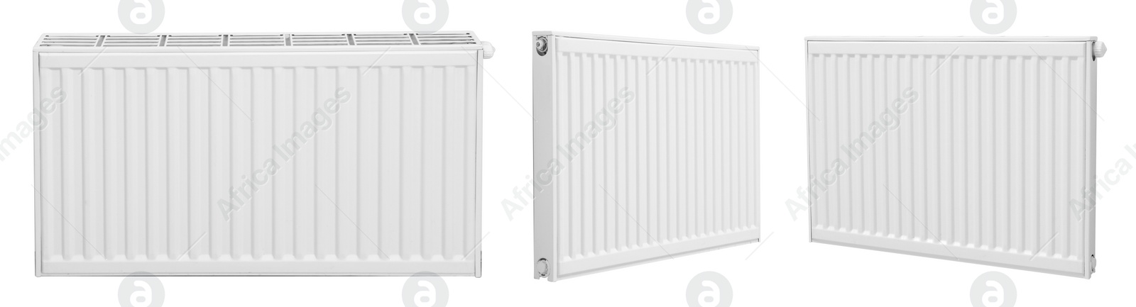 Image of Set with modern panel radiators on white background, banner design. Heating system