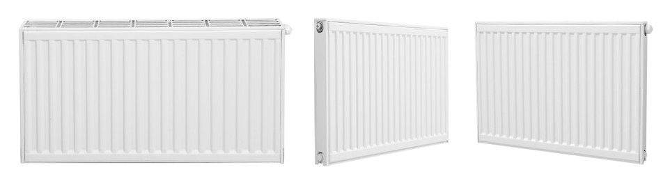 Set with modern panel radiators on white background, banner design. Heating system