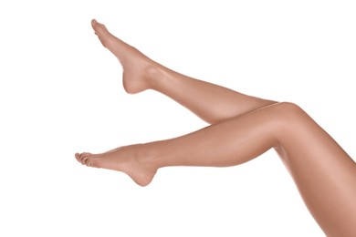 Photo of Woman with beautiful legs on white background, closeup