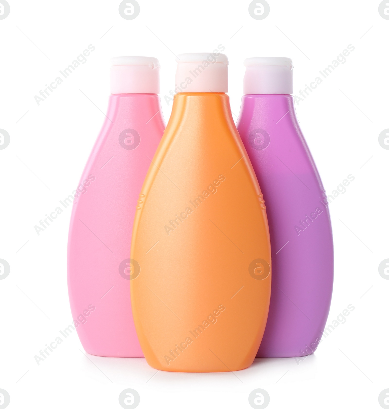 Photo of Plastic bottles with cosmetic product isolated on white