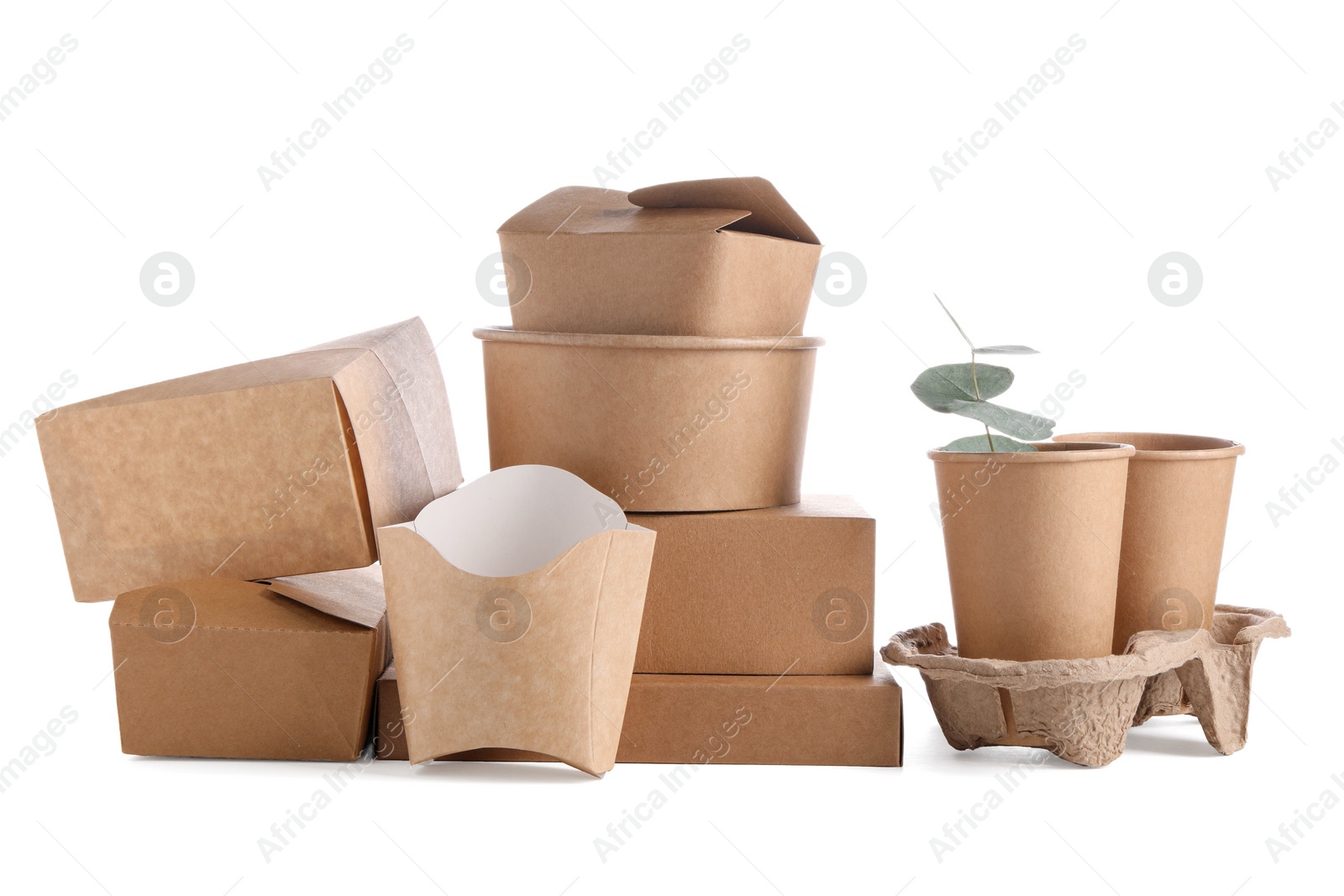 Photo of Eco friendly food packagings and eucalyptus leaves isolated on white