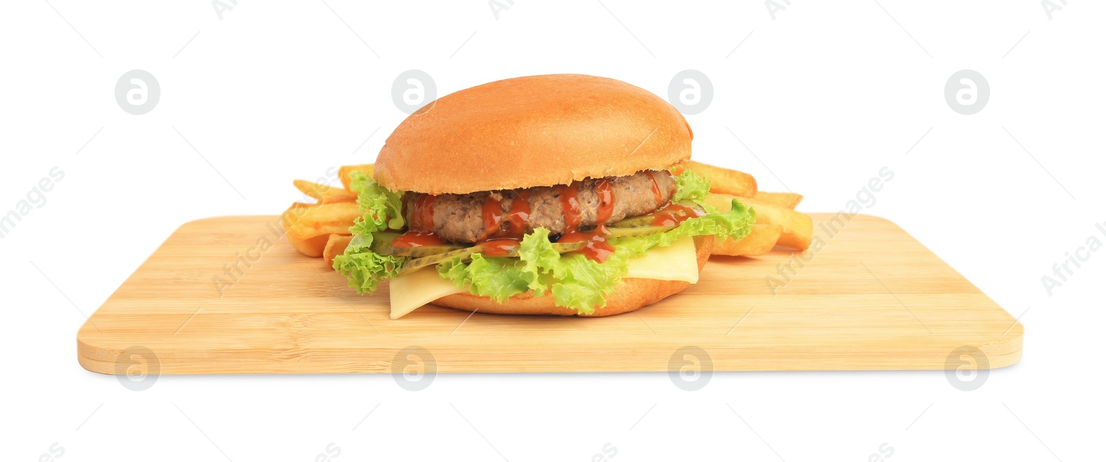 Photo of Tasty burger with french fries isolated on white