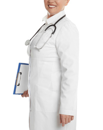 Photo of Mature doctor with clipboard and stethoscope on white background, closeup