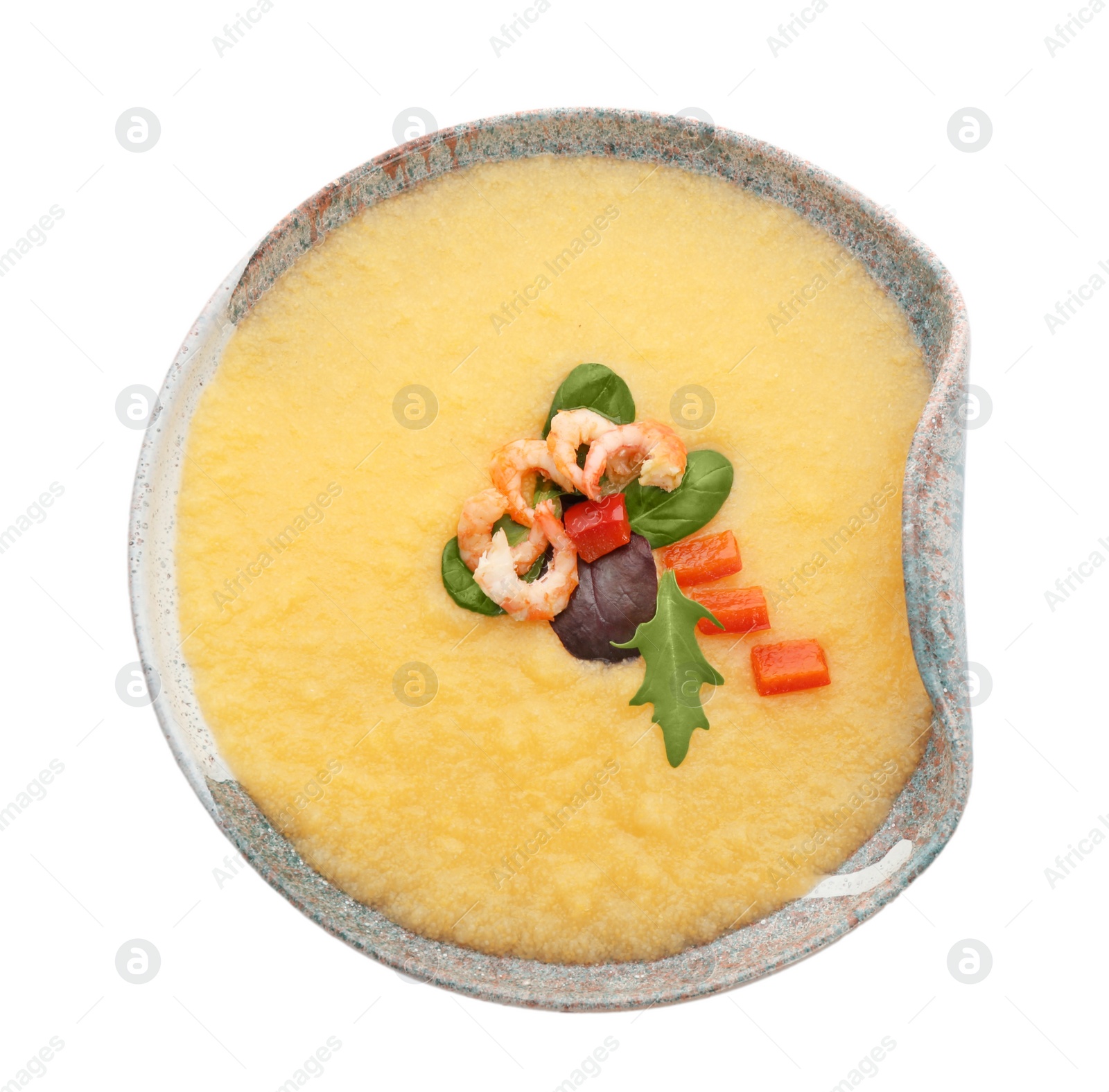 Photo of Plate with fresh tasty shrimp and grits on white background