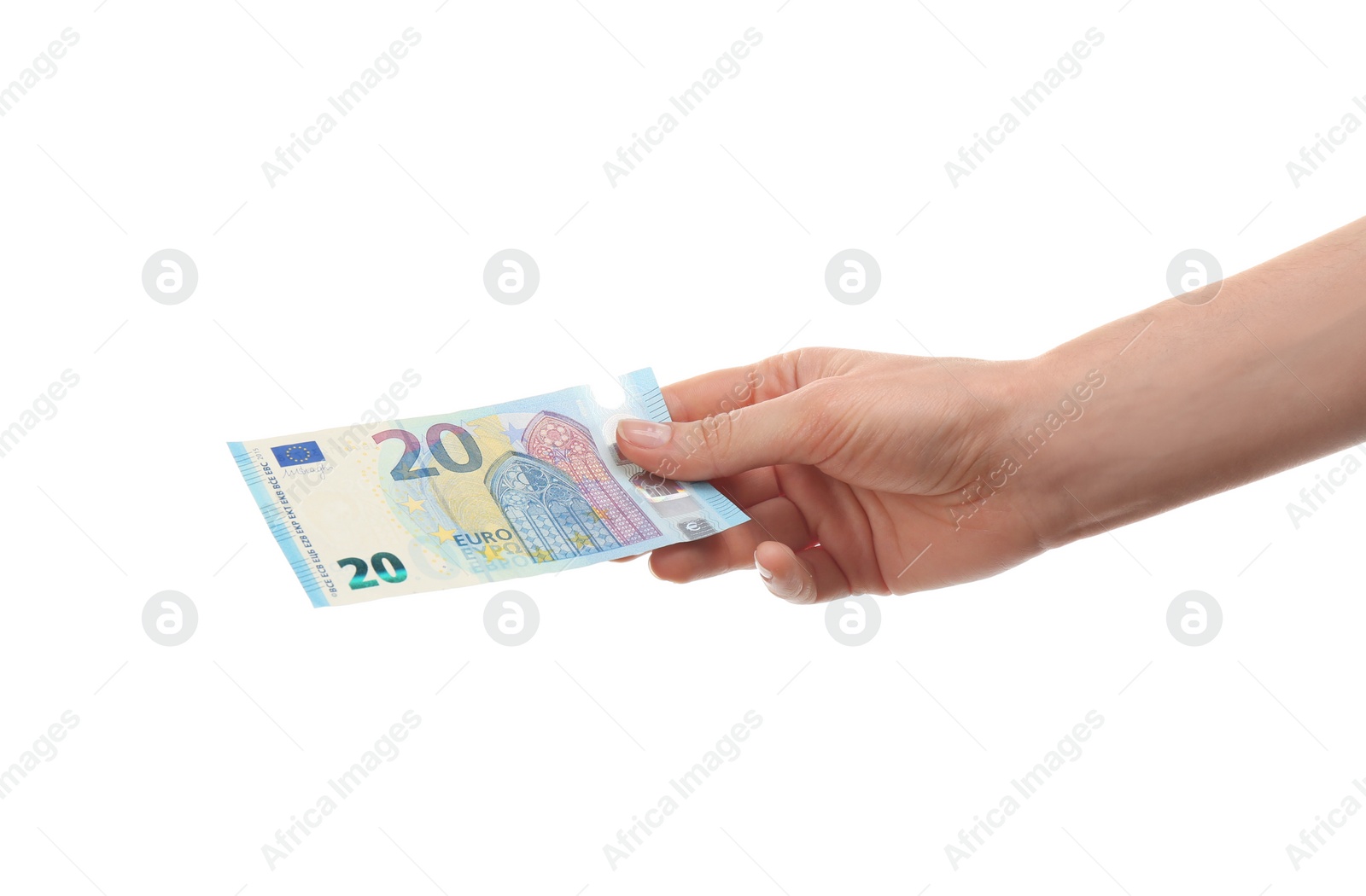 Photo of Woman with euro banknote on white background, closeup. Money and finance