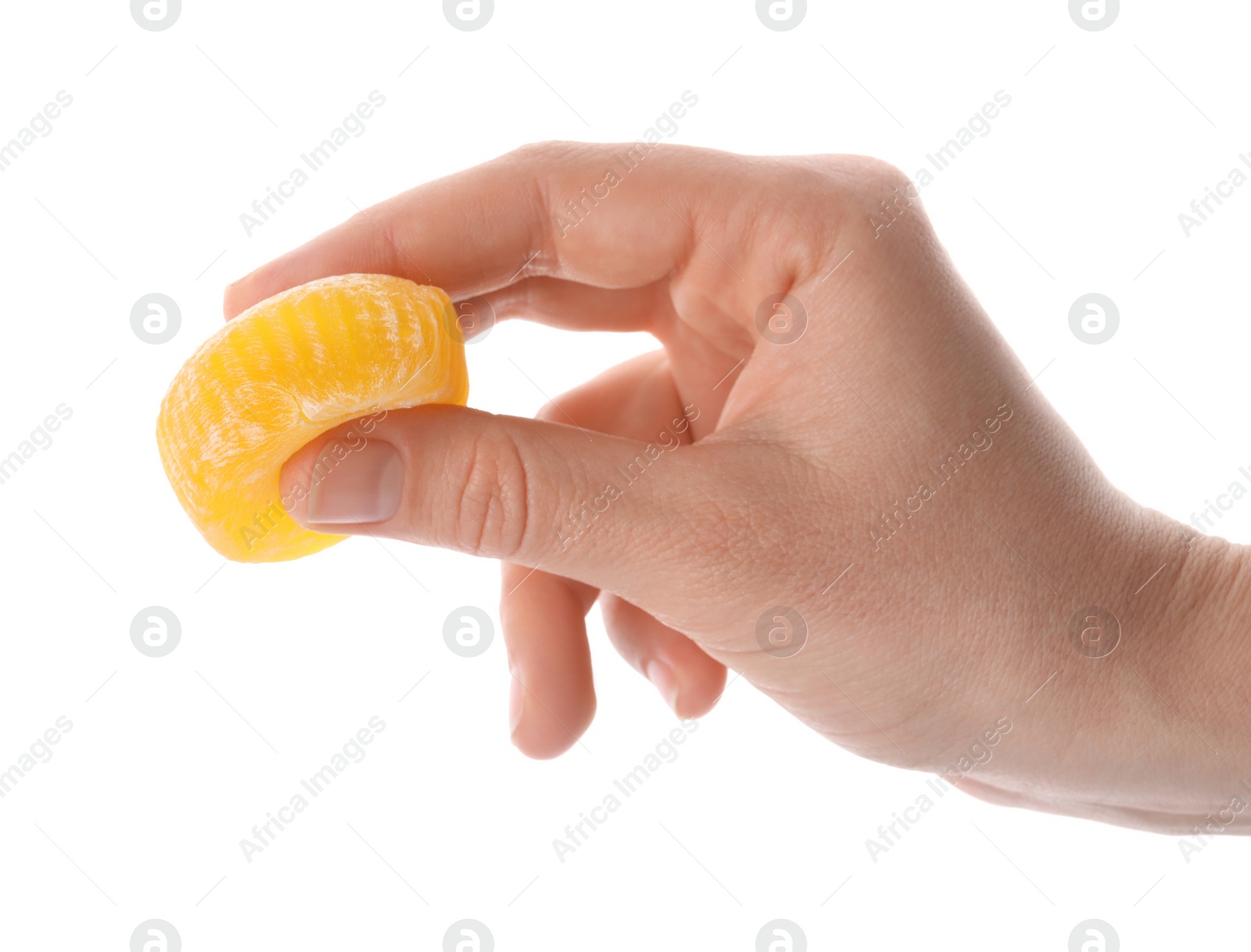 Photo of Woman with delicious mochi on white background, closeup. Traditional Japanese dessert