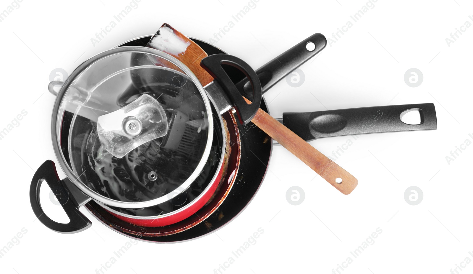 Photo of Stack of dirty dishes on white background, top view
