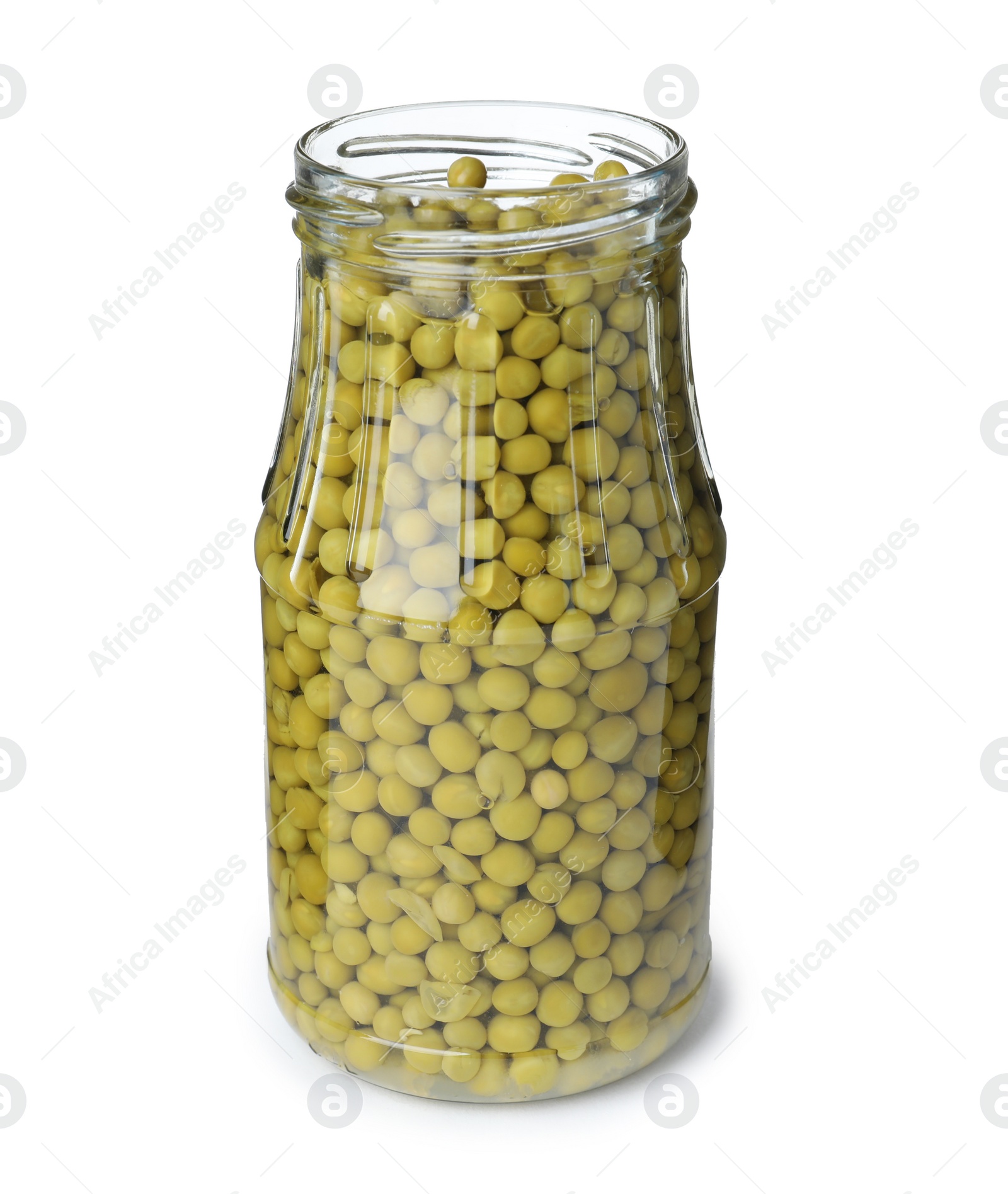 Photo of Glass jar with pickled green peas isolated on white