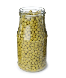 Glass jar with pickled green peas isolated on white