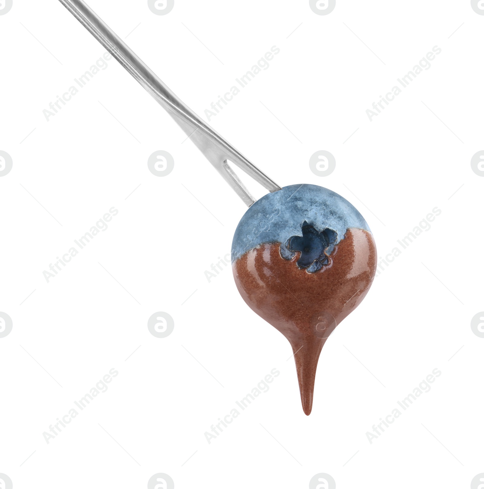 Photo of Blueberry with melted chocolate isolated on fondue fork against white background