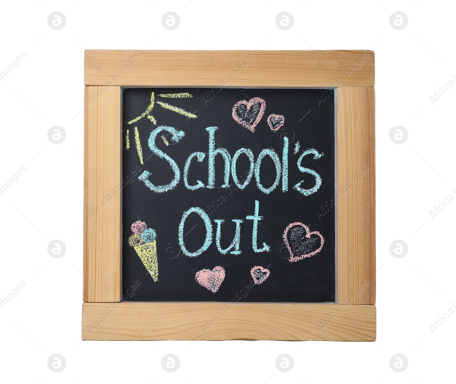 Photo of Blackboard with words School's Out and pictures isolated on white. Summer holidays