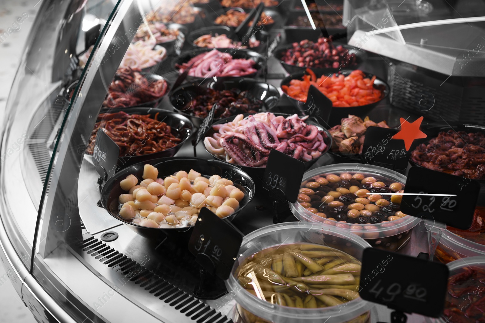 Photo of Different fresh seafood on display. Wholesale market