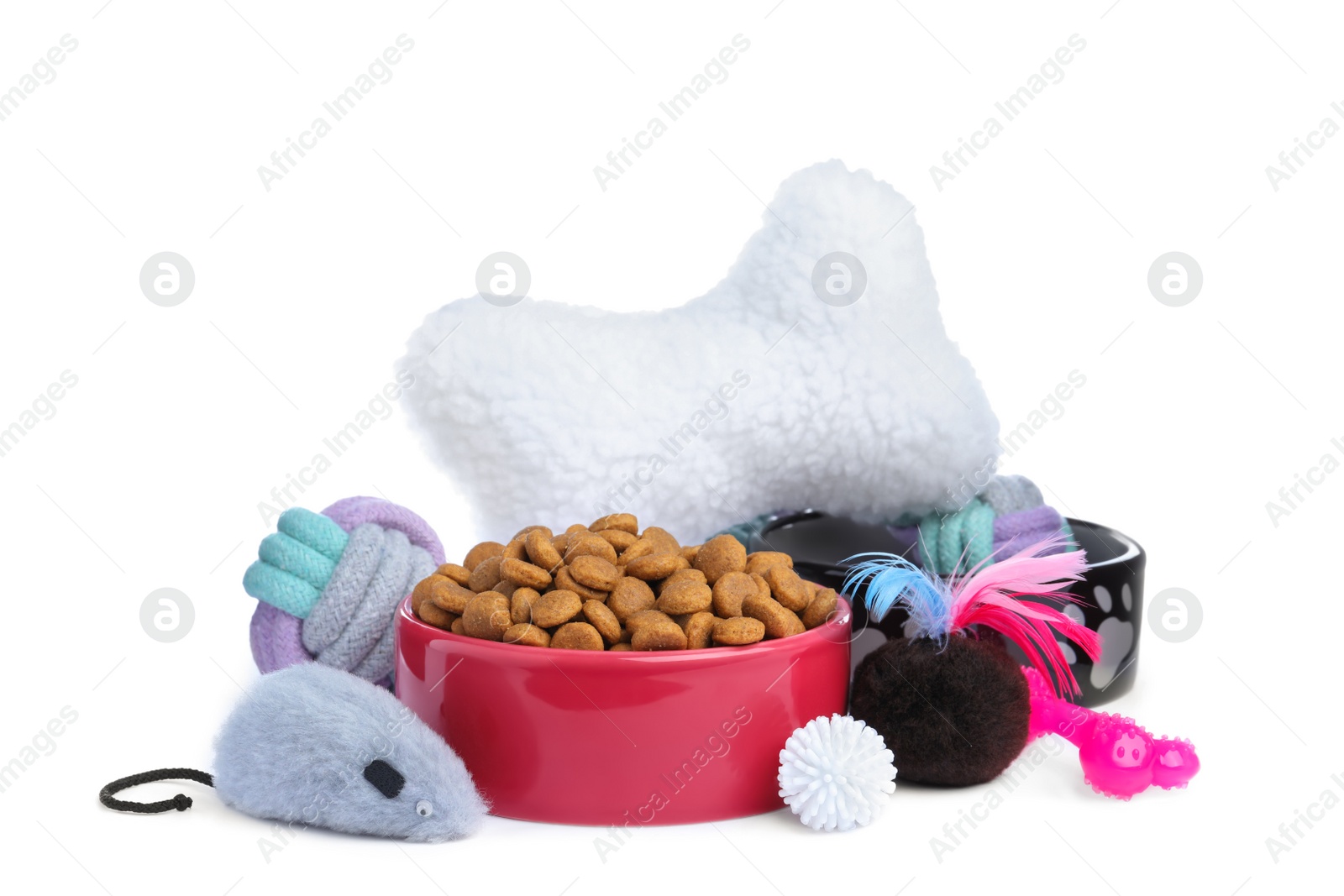 Photo of Feeding bowls and toys for pet on white background