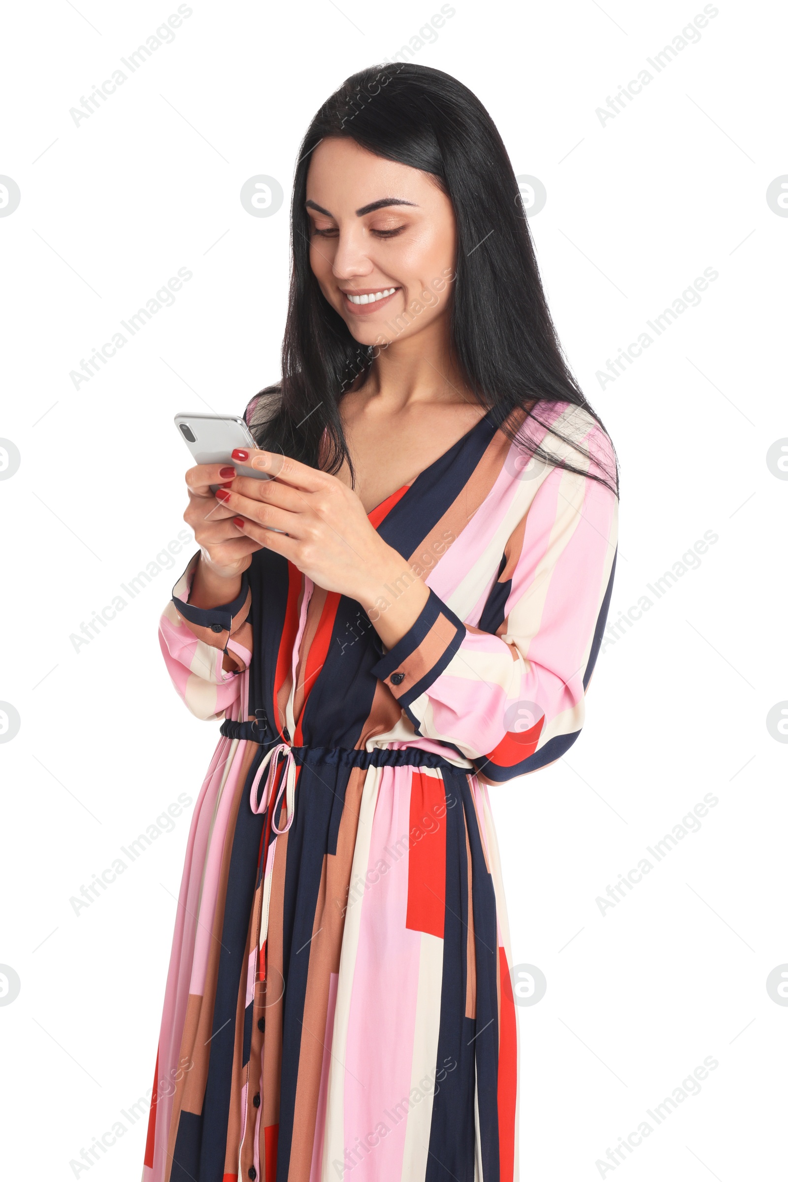 Photo of Beautiful young woman with phone on white background