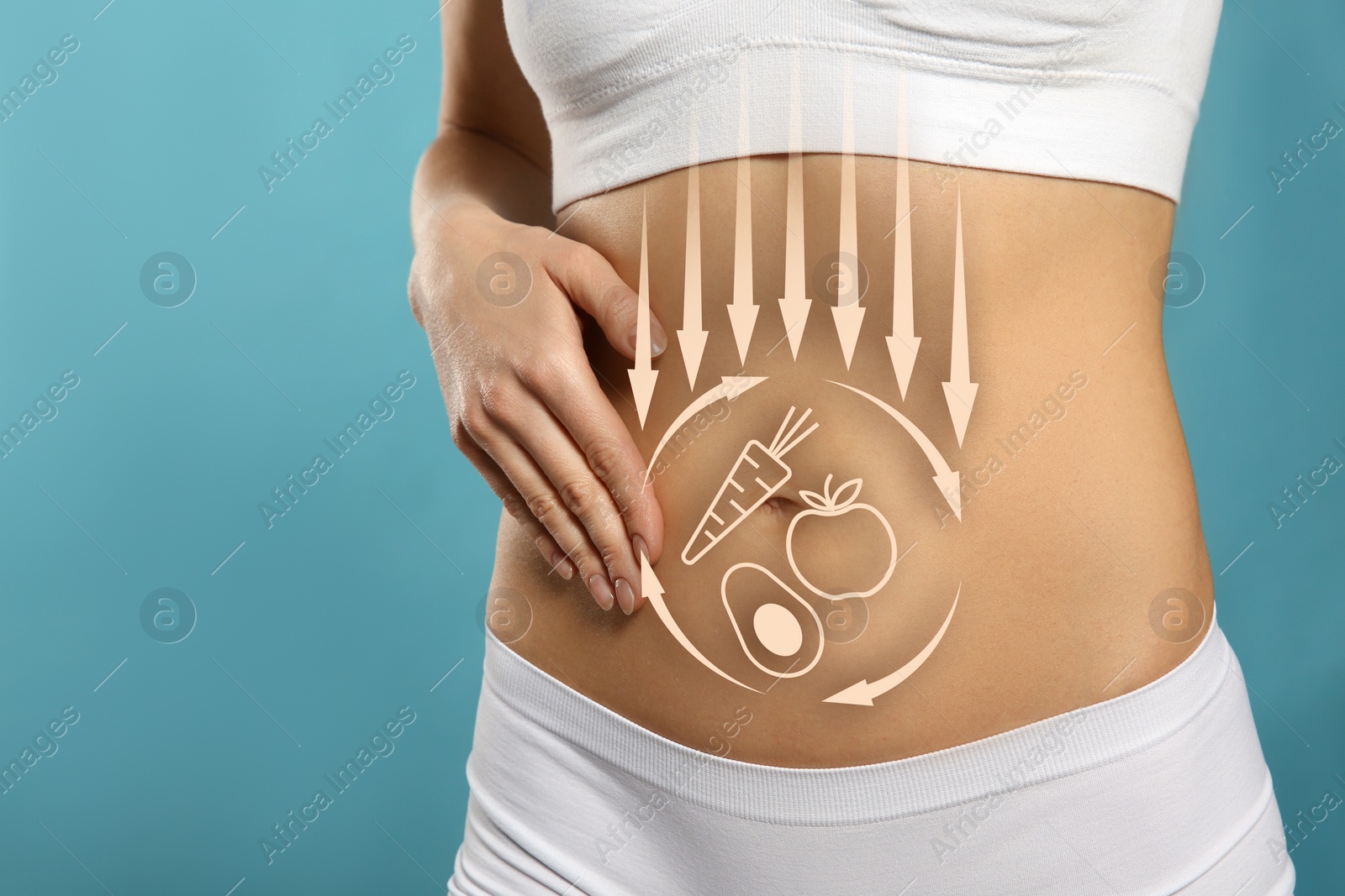 Image of Healthy digestion. Woman touching her belly against light blue background, closeup. Illustration of arrows and different products on her body