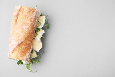 Photo of Tasty sandwich with brie cheese on light grey background, top view. Space for text