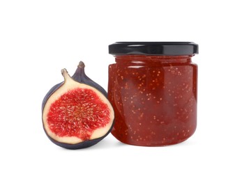 Jar of tasty sweet jam and fresh figs isolated on white