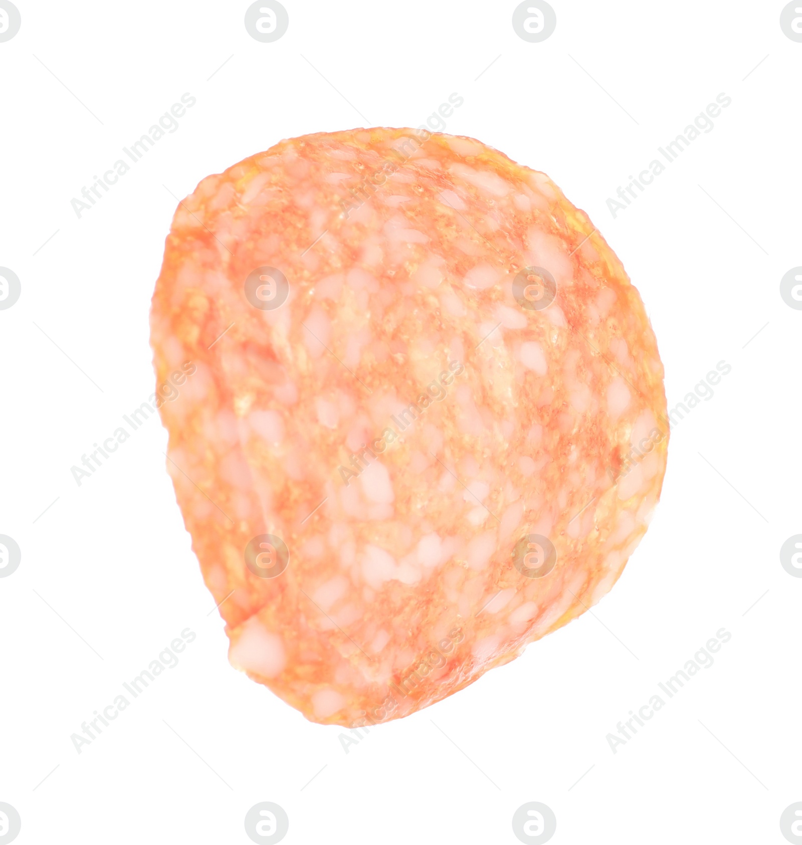 Photo of Slice of delicious sausage isolated on white