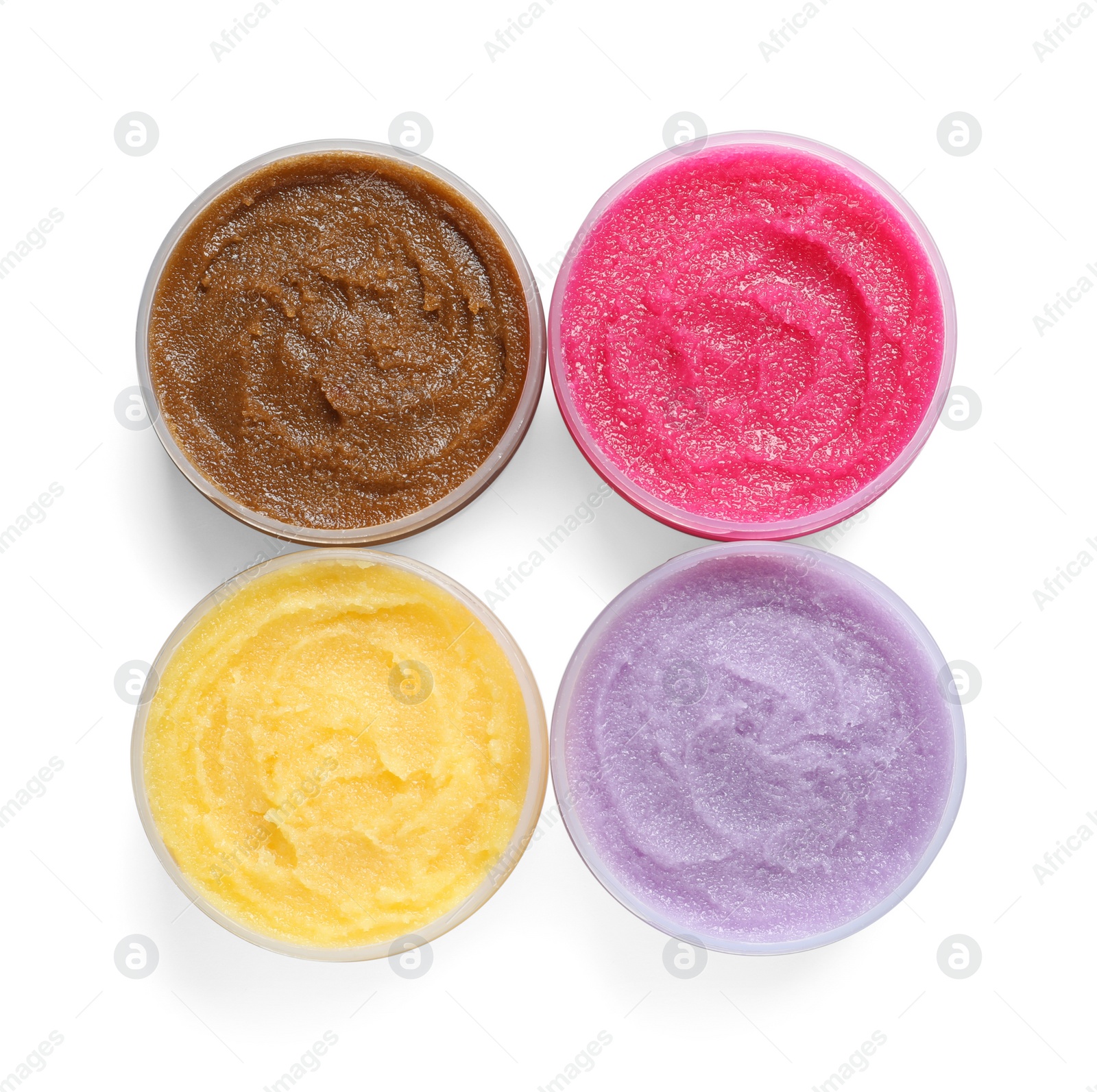 Photo of Containers with natural scrub on white background, top view