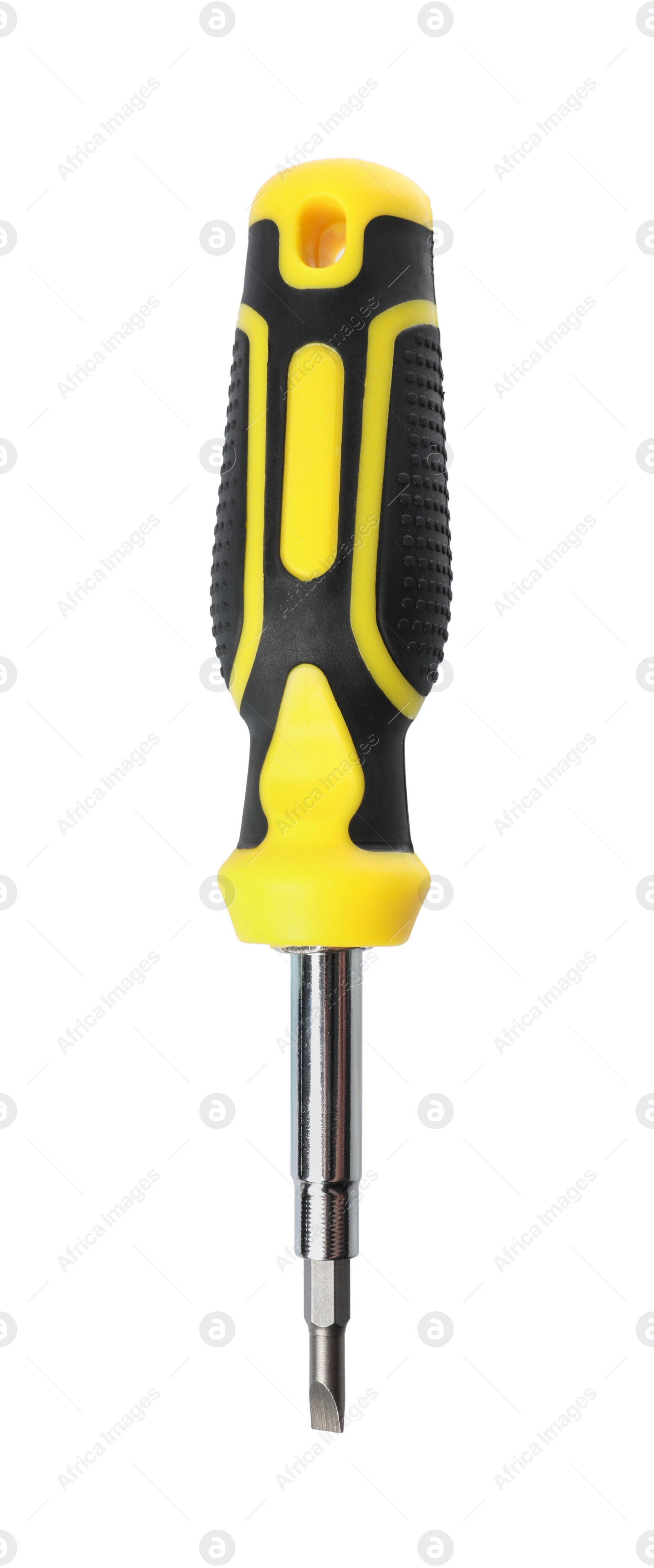 Photo of One screwdriver with color handle isolated on white, top view