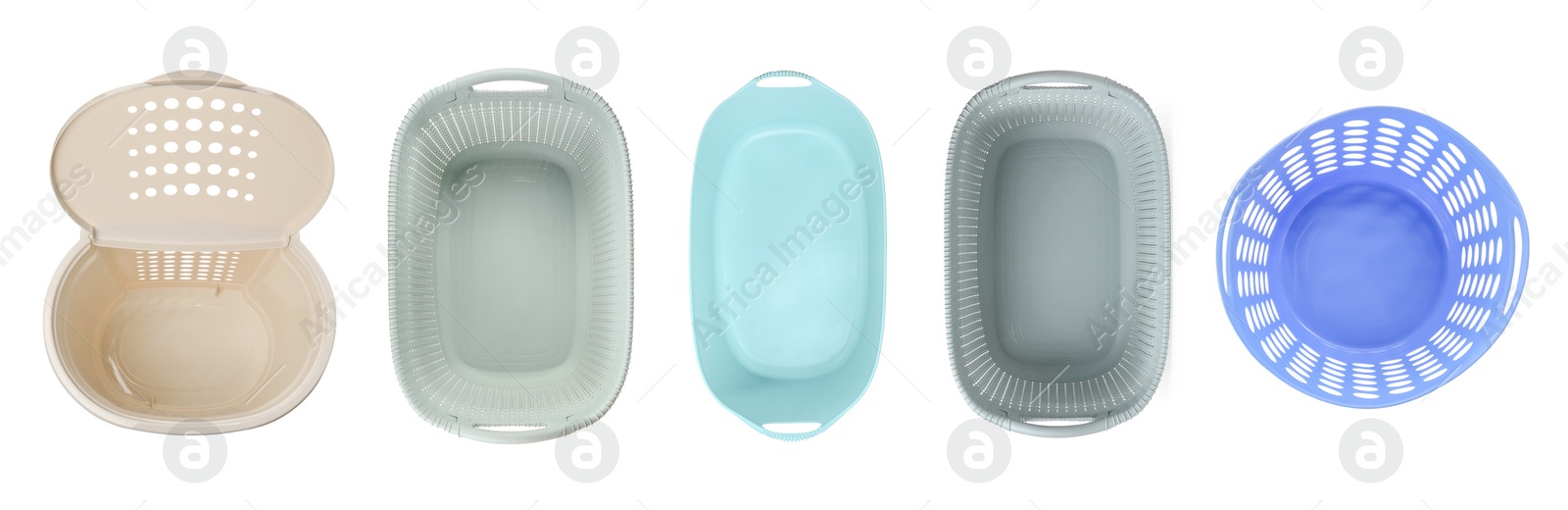 Different laundry baskets on white background, top view. Banner design Image of Different laundry baskets on white background, top view. Banner design