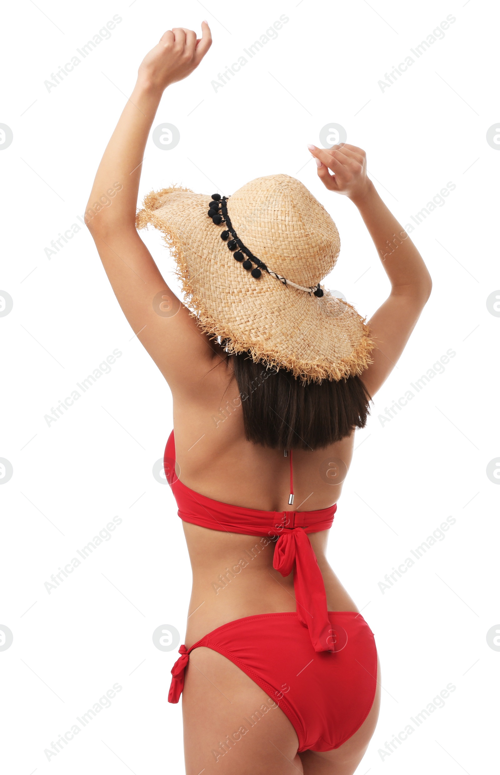 Photo of Pretty sexy woman with slim body in stylish red bikini on white background