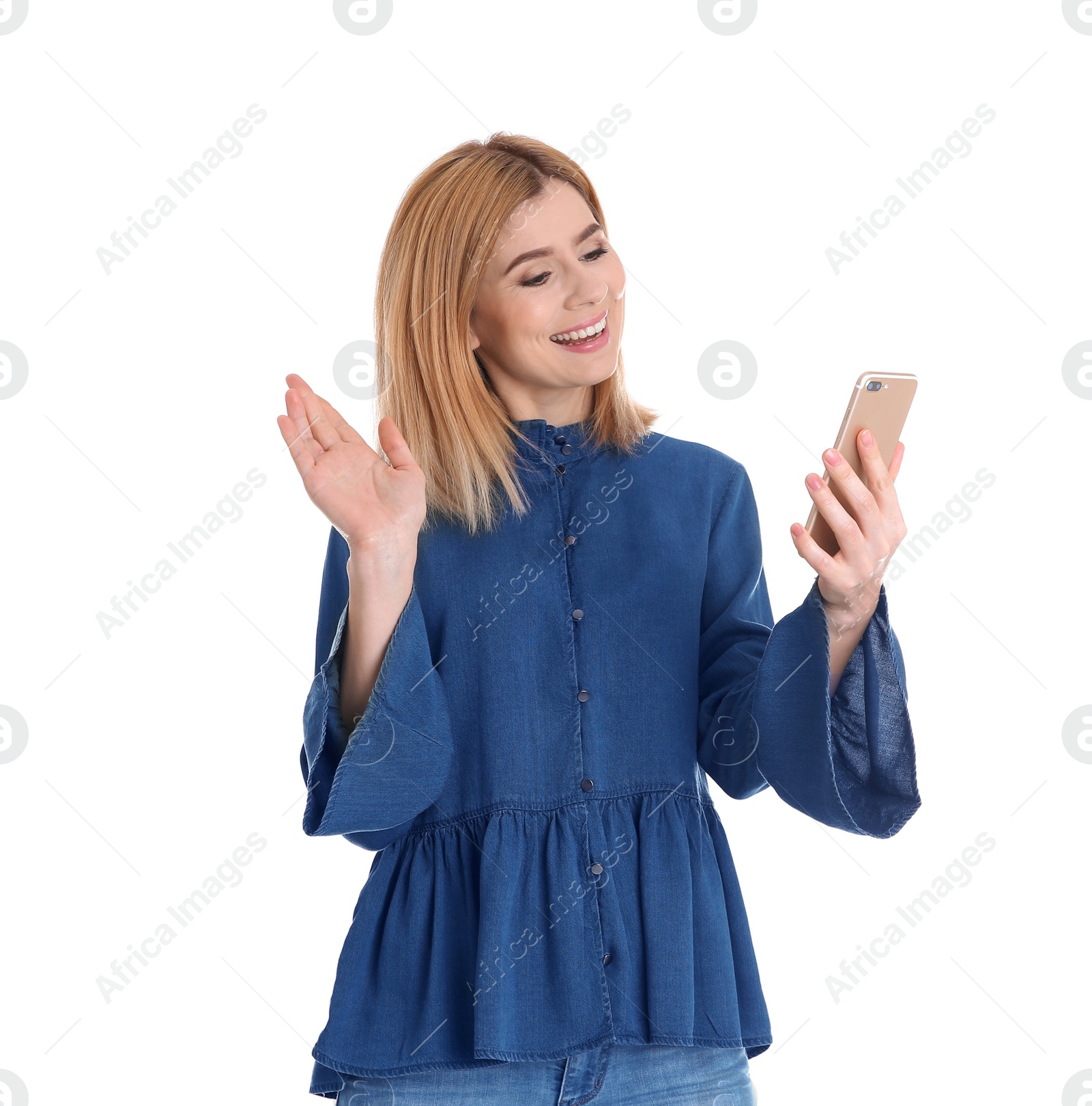 Photo of Woman using mobile phone for video chat isolated on white