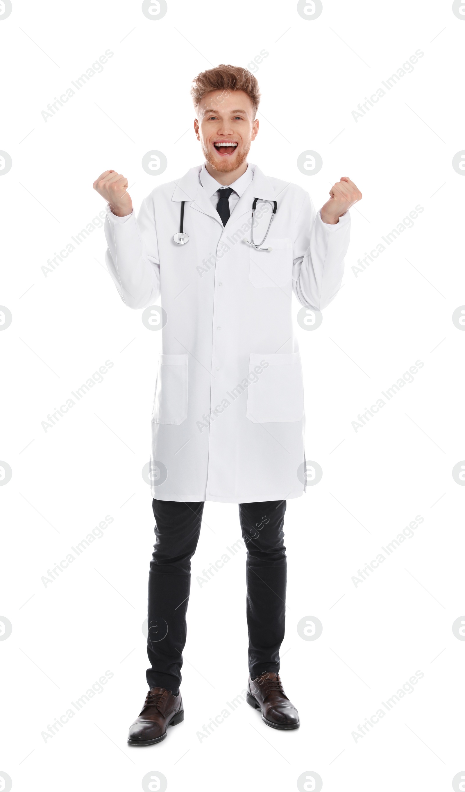 Photo of Full length portrait of emotional medical doctor with stethoscope isolated on white