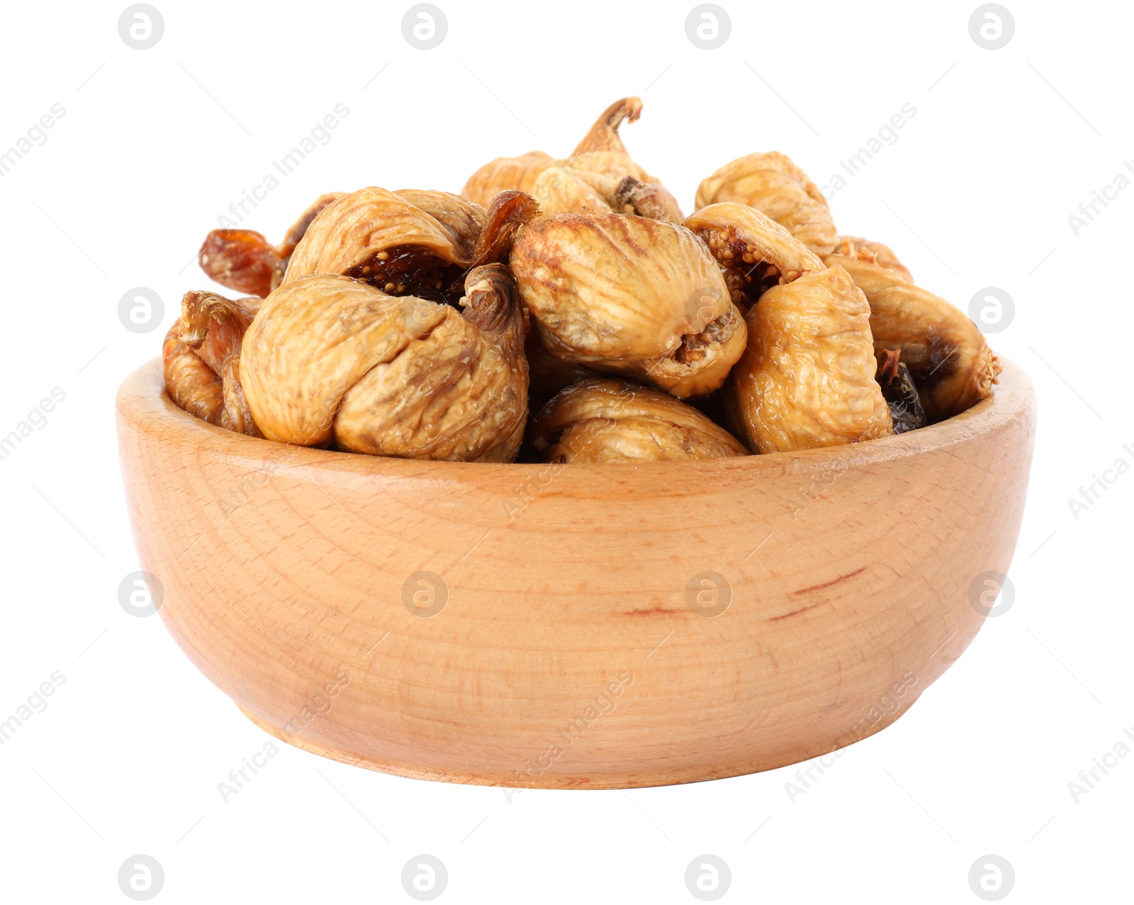 Photo of Wooden bowl of dried figs on white background