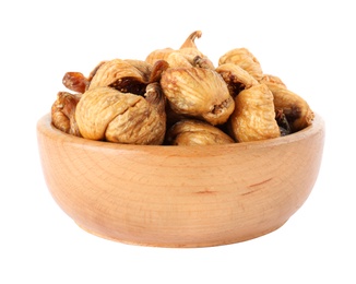 Wooden bowl of dried figs on white background