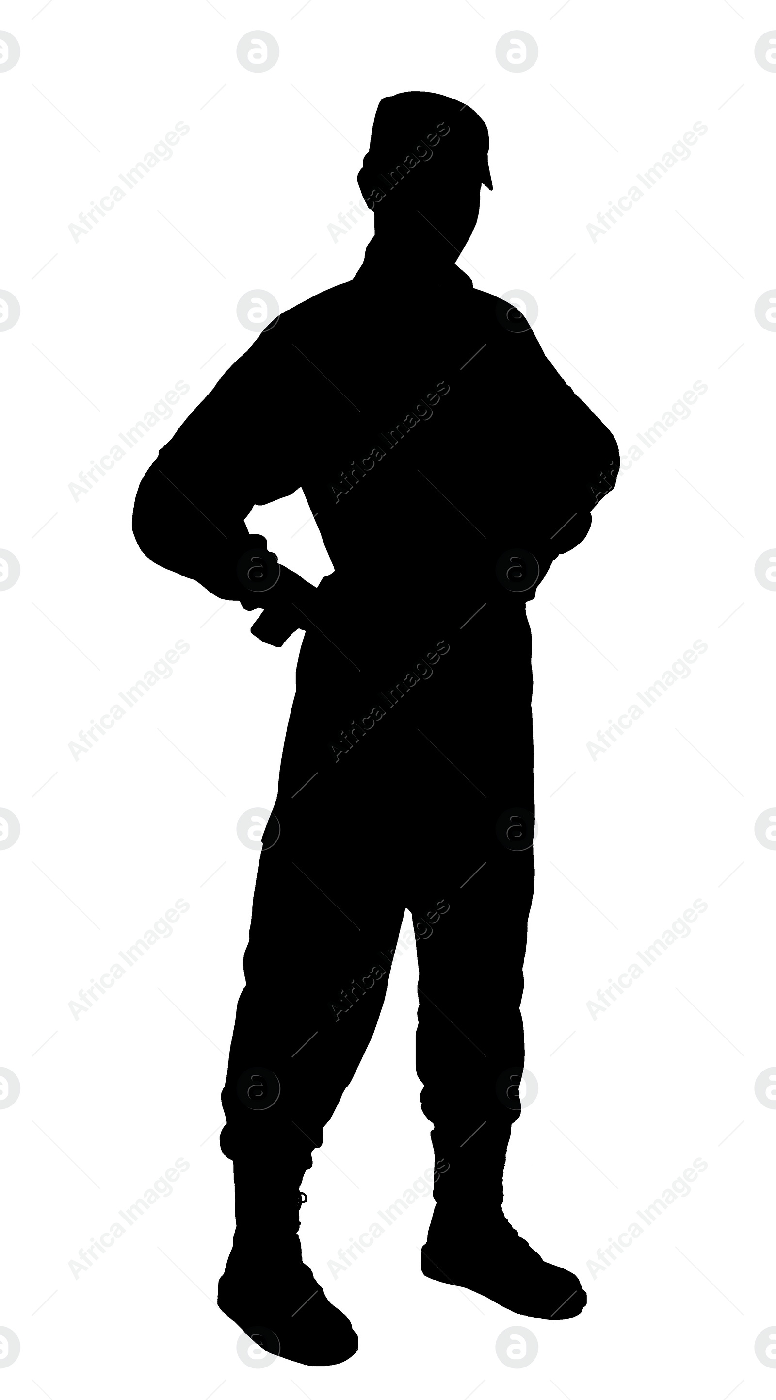 Image of Silhouette of soldier in uniform on white background. Military service