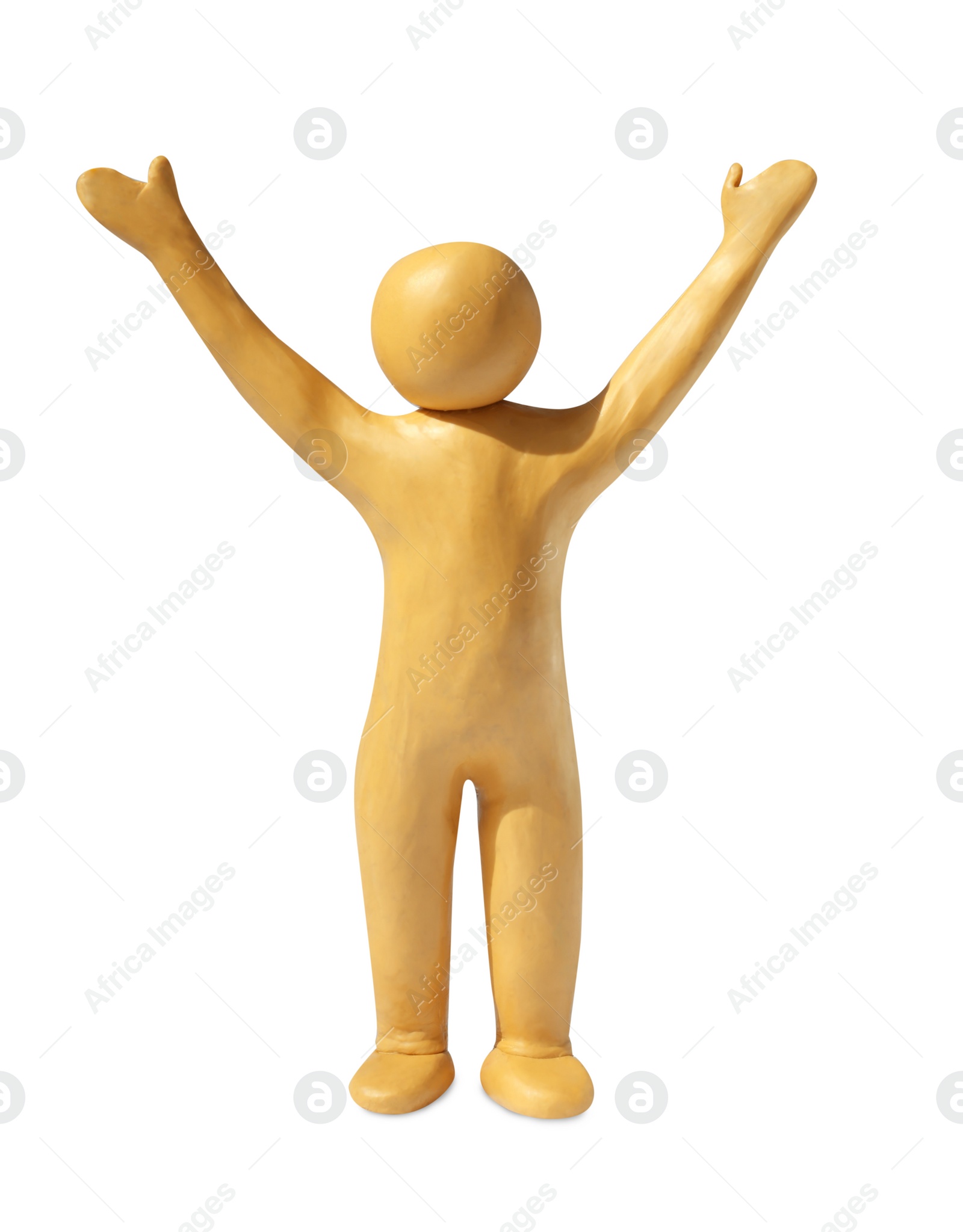 Photo of Human figure with arms wide open made of yellow plasticine isolated on white