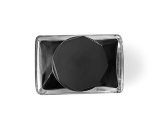 Photo of New inkwell with black ink on white background, top view