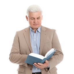 Senior man reading book on white background