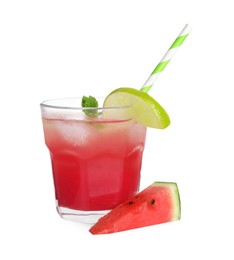 Photo of Tasty watermelon drink with slice of lime and mint in glass isolated on white