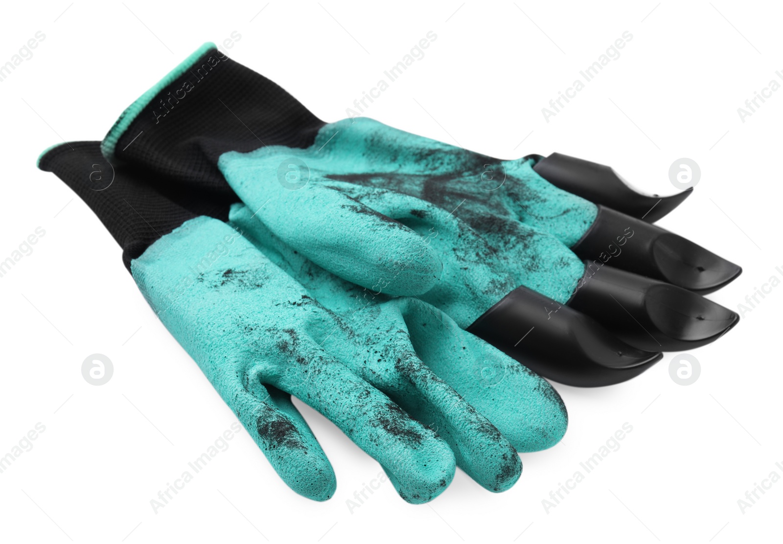 Photo of Pair of claw gardening gloves isolated on white