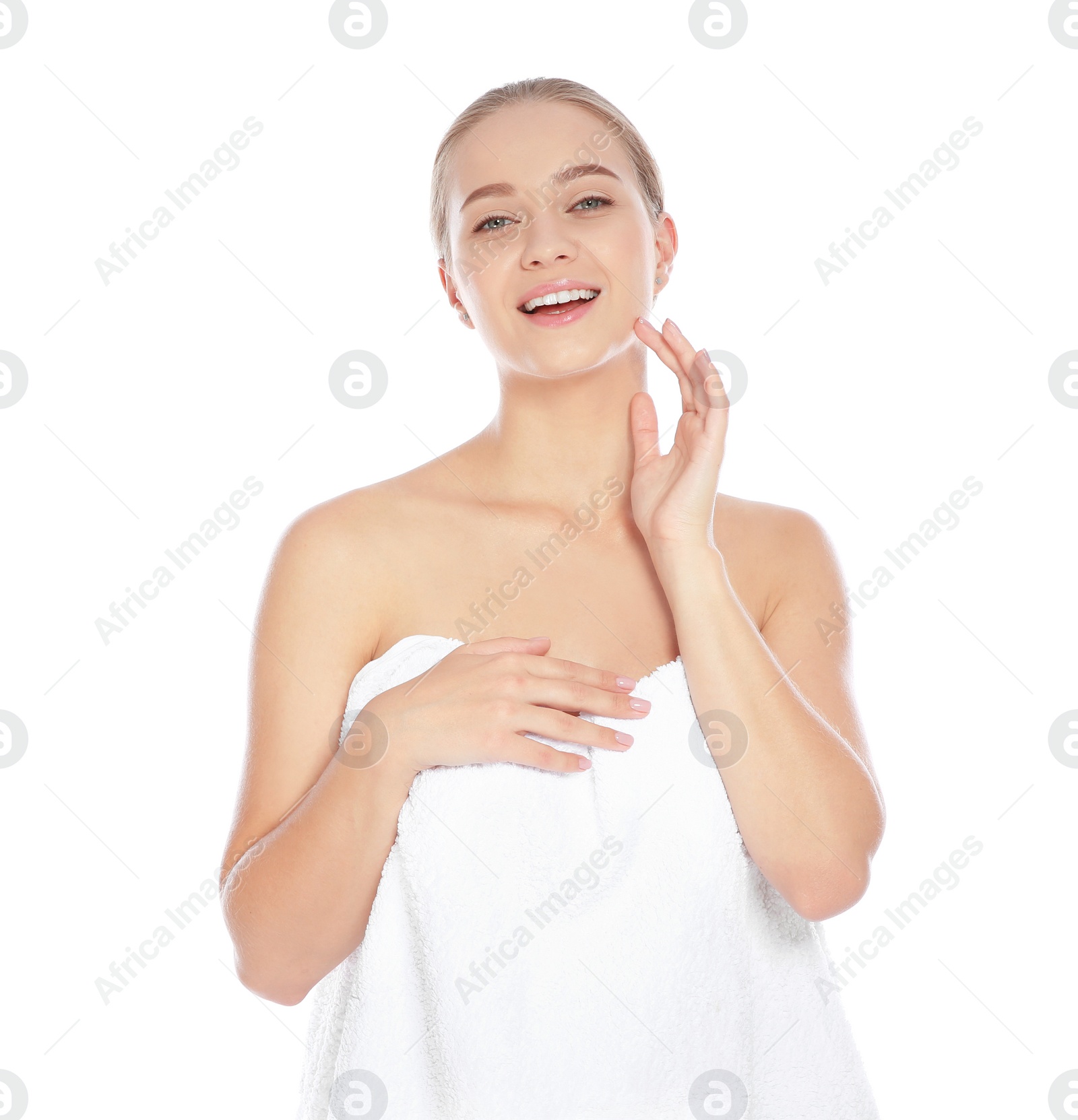 Photo of Portrait of young pretty woman with towel on white background