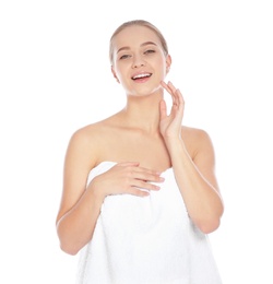 Photo of Portrait of young pretty woman with towel on white background