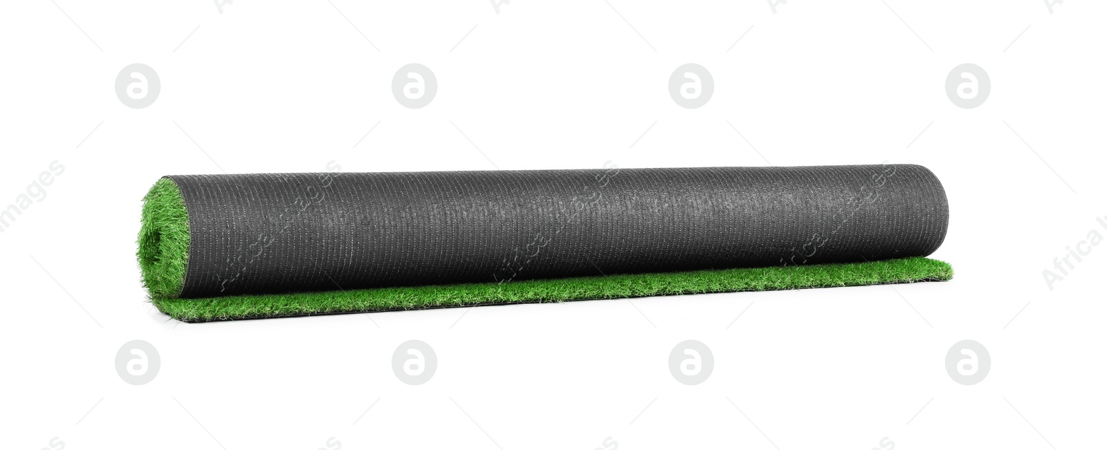 Photo of Rolled artificial grass carpet on white background. Exterior element