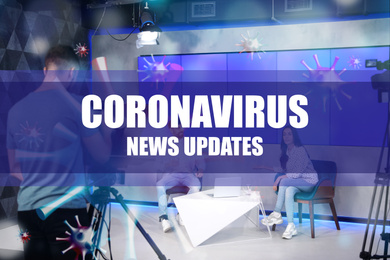 Image of Presenters and video camera operator working in studio. Coronavirus pandemic - latest updates