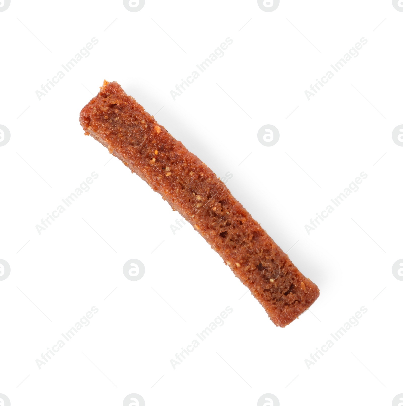 Photo of One delicious crispy rusk isolated on white, top view