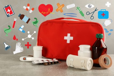 First aid kit on table and different images against light grey background
