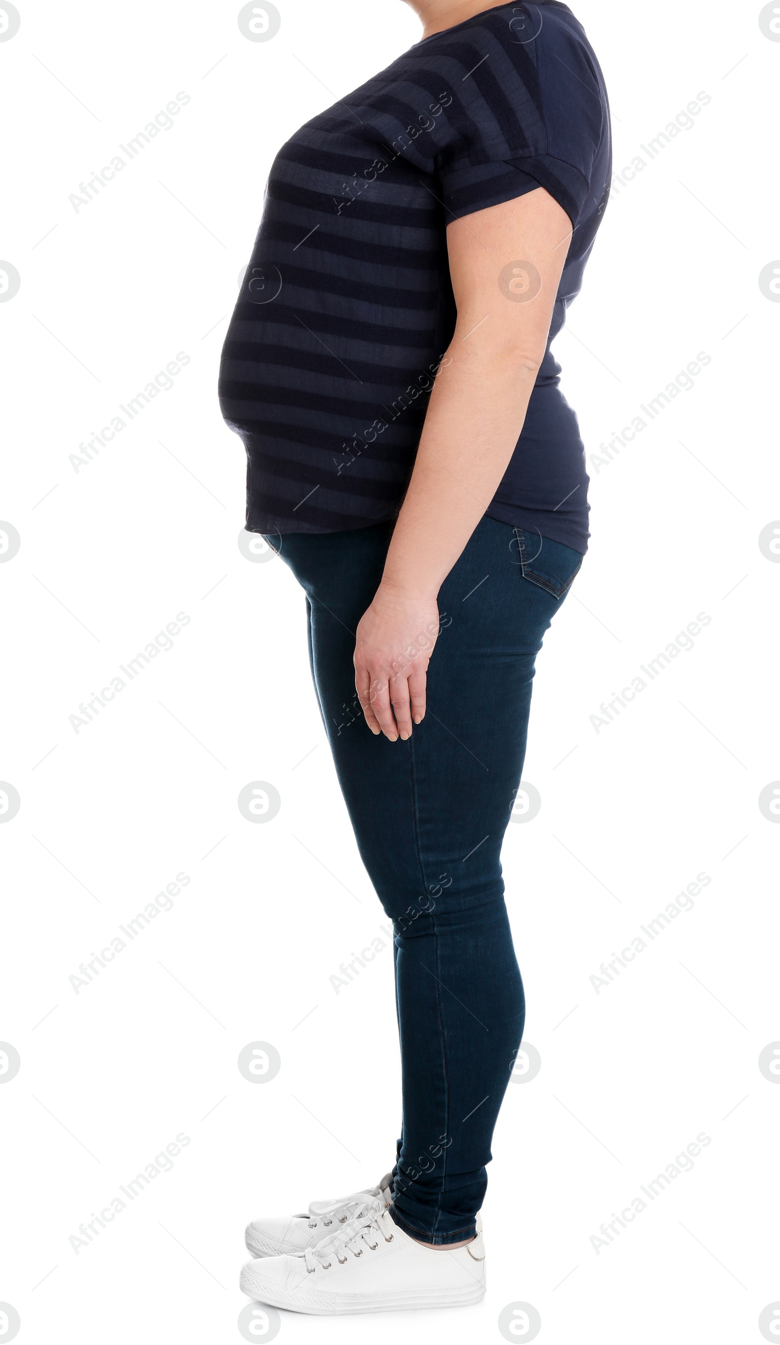 Photo of Overweight woman on white background, closeup. Weight loss